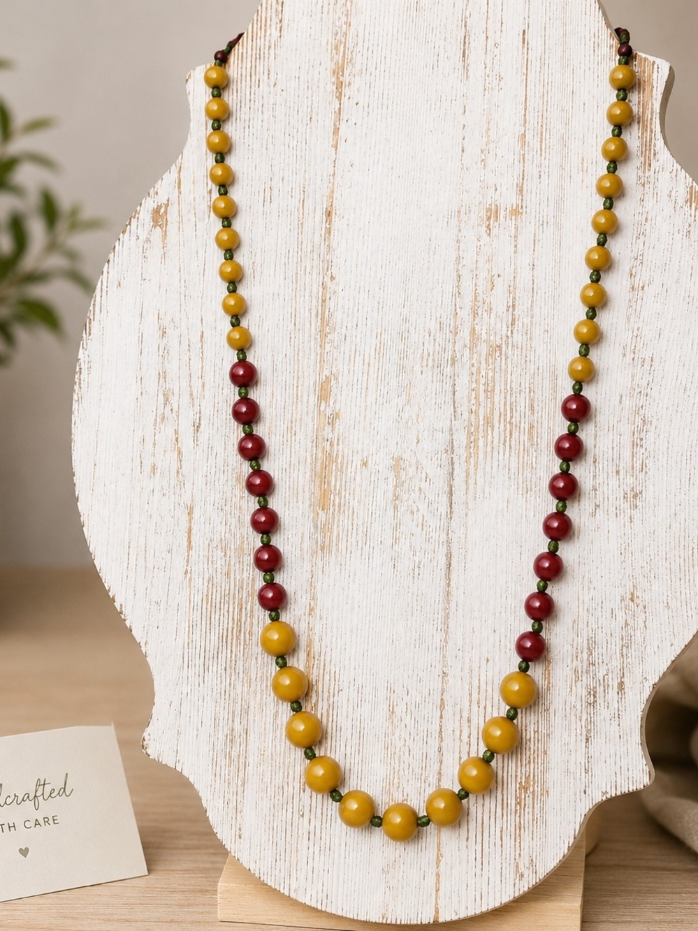 Vintage Wood Bead Necklace Mustard Red Green Long Boho Statement Necklace 34"